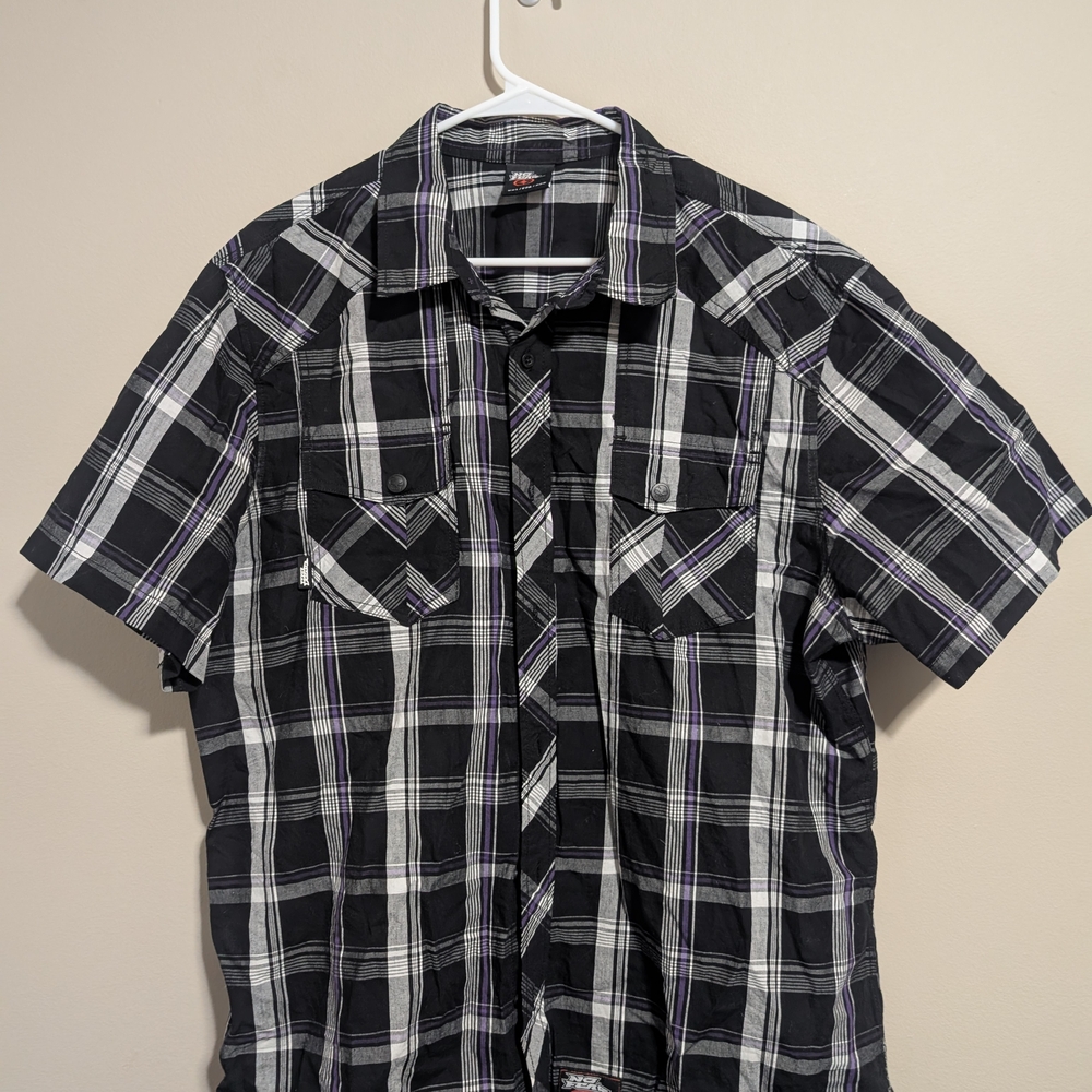 Black, Purple and White Plaid Button Down Shirt